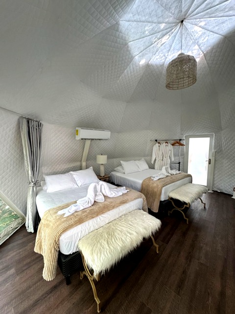 Twin-bed glamping suite under the geodesic ceiling.